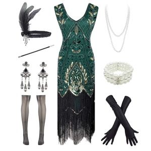 NWOT 1920’s Gatsby Flapper Dress with Accessories Set Halloween Costume